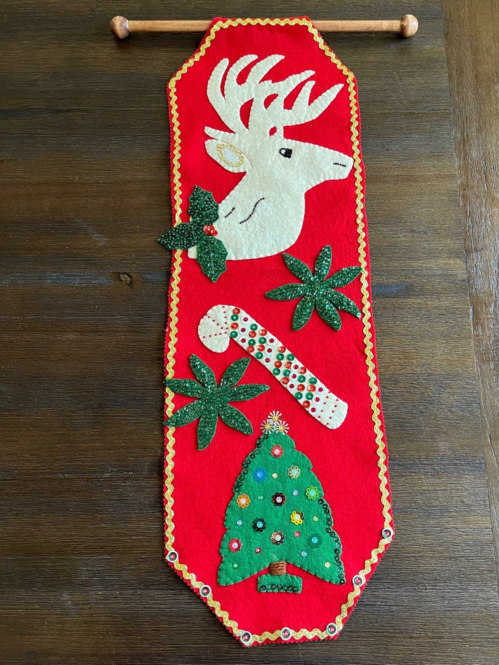 Vintage Christmas Holiday Banner with Sequins & Wood Hanger